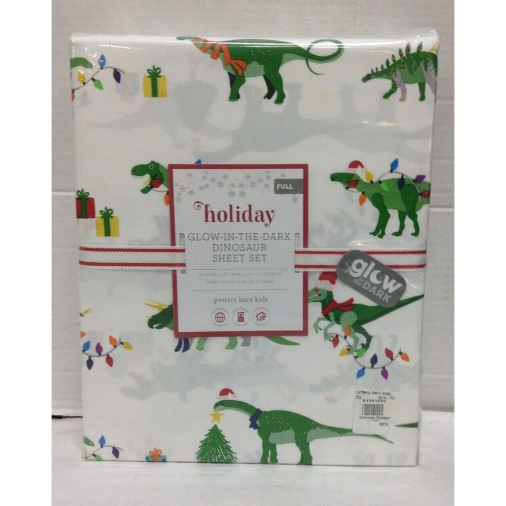 Pottery Barn Kids Holiday Glow In The Dark Dinosaur bed Sheet Set FULL